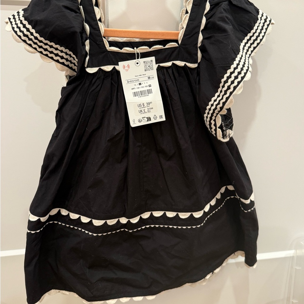 Zara Black Girls' Casual Dress with Cream Trim